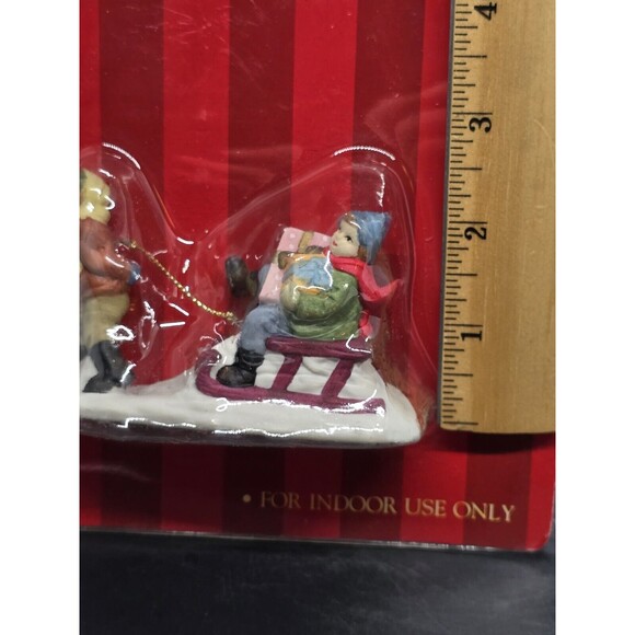 Vtg Caldor Share the Joy Village Accessorie Lady Pulling Boy On Sled With Gifts - Picture 4 of 5